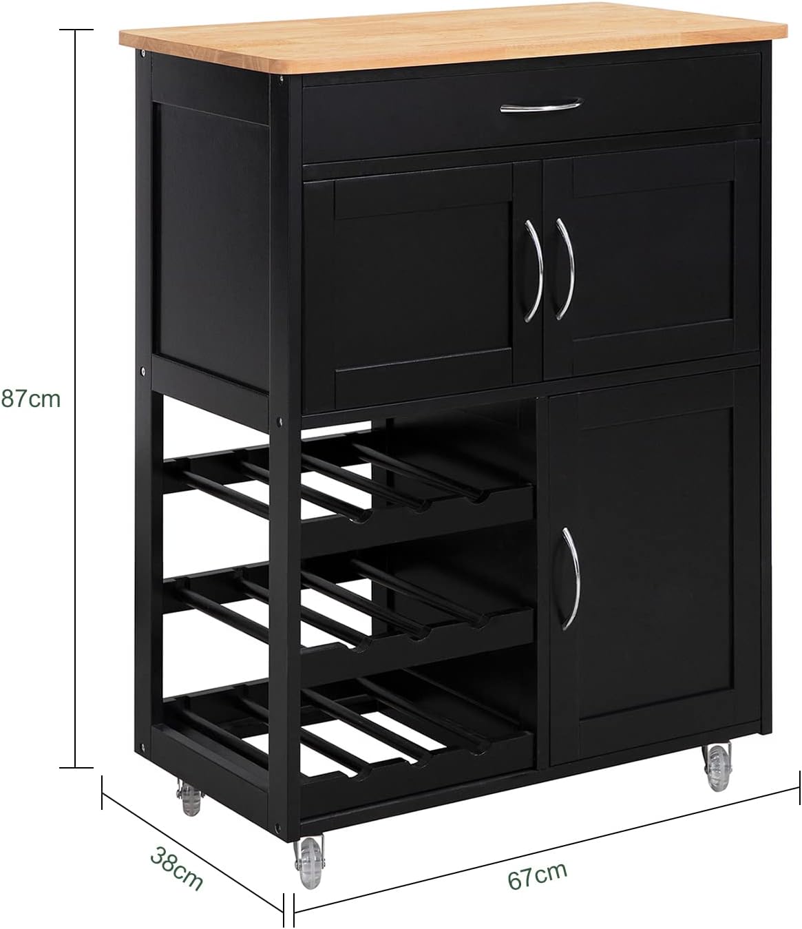 Black kitchen island cart with wooden top and measurements on a white background