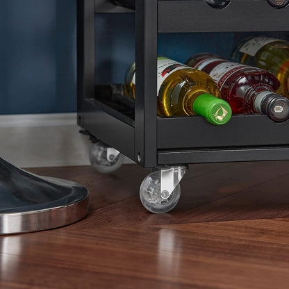Black rolling cart with wine bottles on a wooden floor.