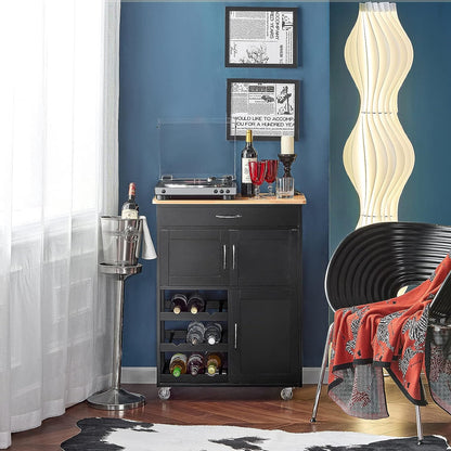 Black bar cart with wine bottles and glasses against a blue wall.