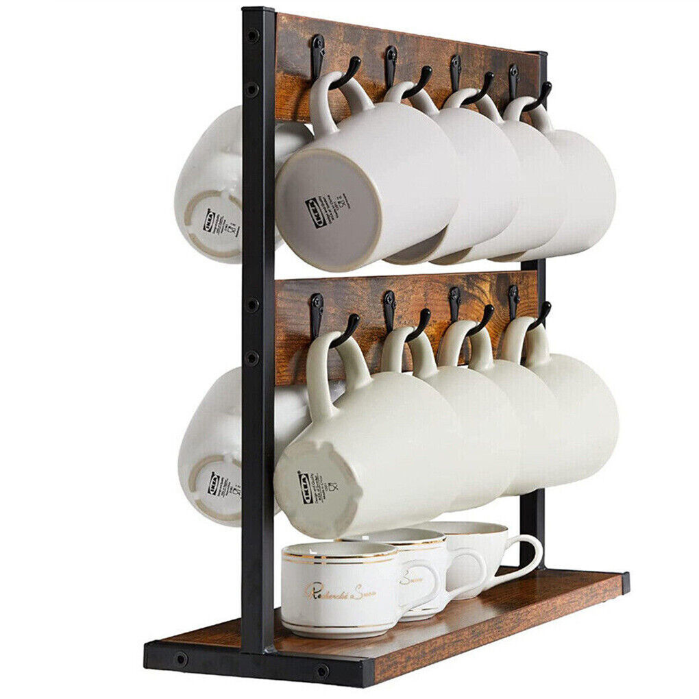 Wooden mug rack with white mugs on a white background