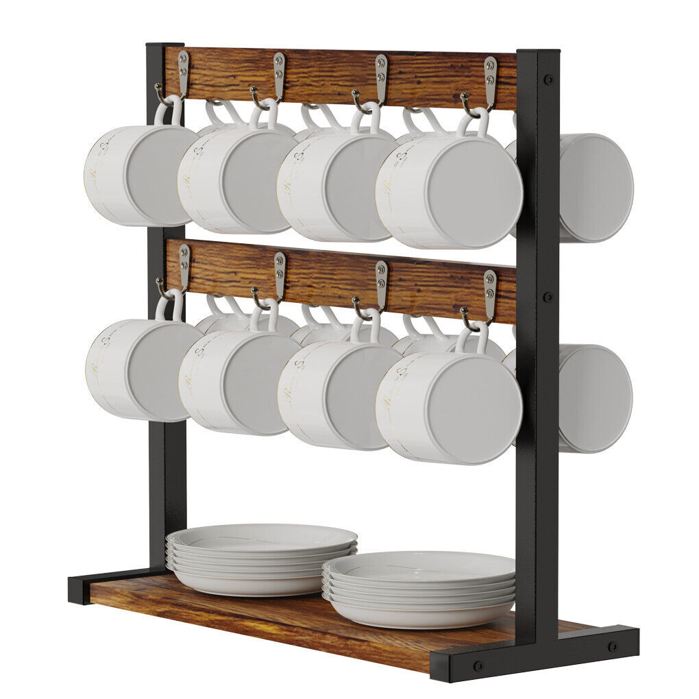 Mug rack with white mugs and bowls on a white background