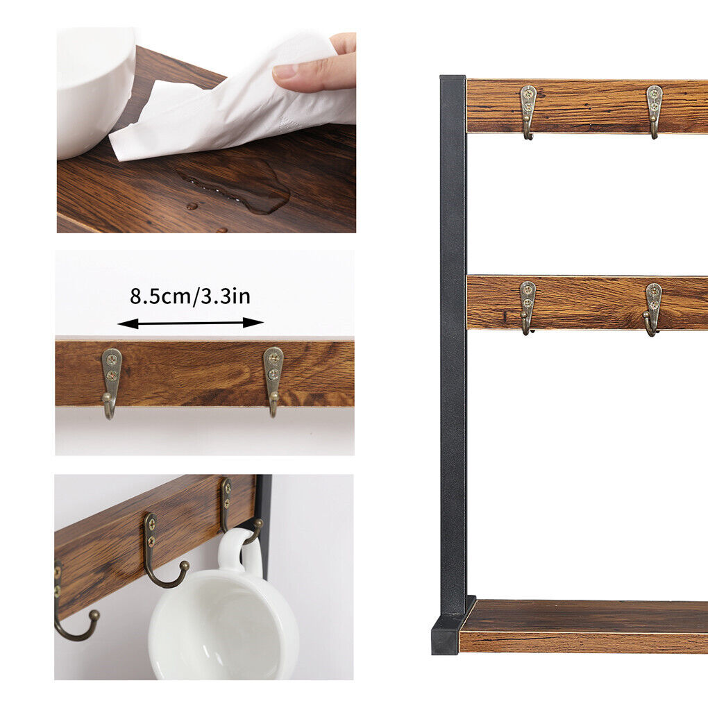 Wooden wall-mounted rack with hooks, showing size measurement and use examples.