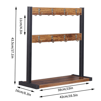 Wooden shelf with hooks and measurements on a white background