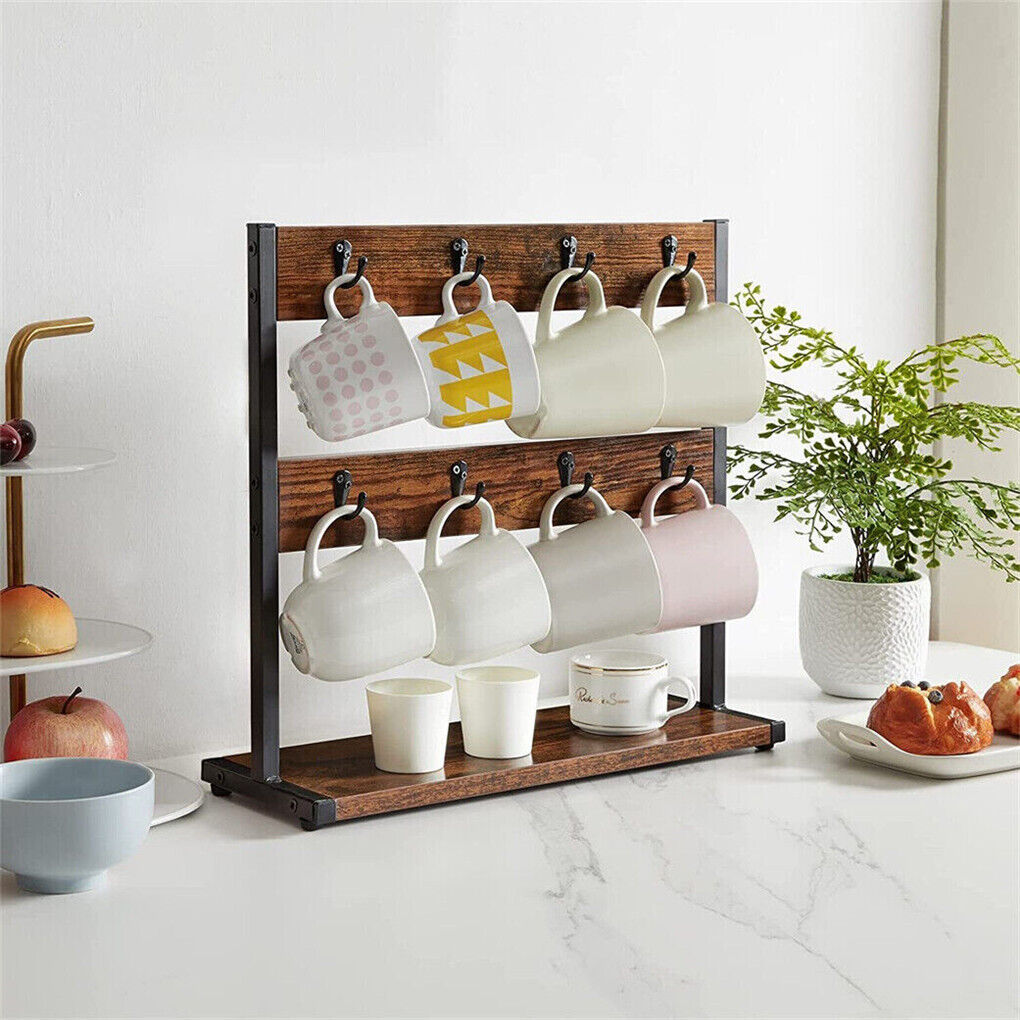 Wooden mug rack with hanging mugs on a kitchen counter.