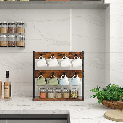 Wooden mug rack with hanging mugs on a kitchen counter.