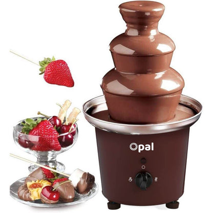 Chocolate fountain with skewers of fruit and chocolate on a white background