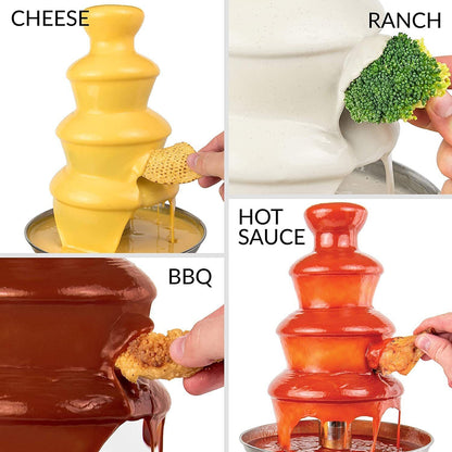 Four different types of fondue fondues labeled 'Cheese', 'Ranch', 'Hot Sauce', and 'BBQ' with food being dipped into each.