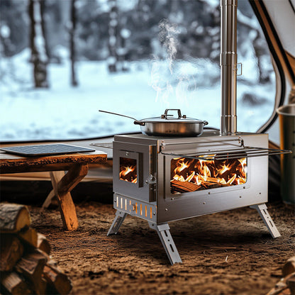 Wood stove with flames inside, surrounded by snow and trees outside.