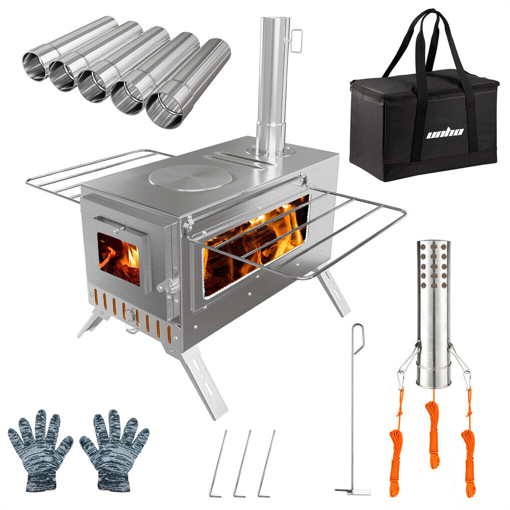 Stainless steel wood stove with accessories on a white background