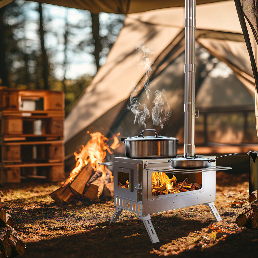 Wood stove with pot over fire near a tent in a forest setting