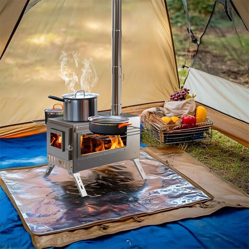 Camping stove with pots on a camping mat in front of a tent