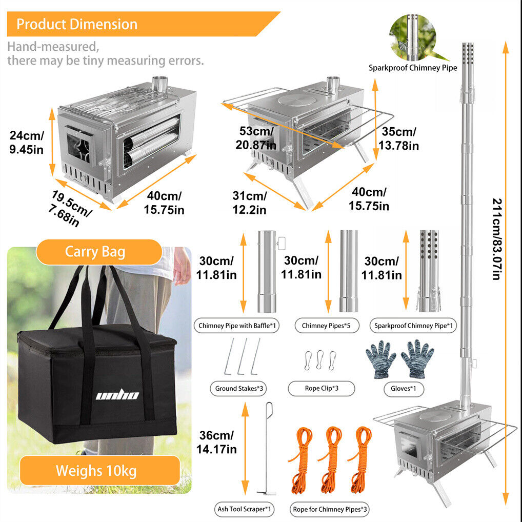 Product dimensions and components of a camping stove system with carry bag and accessories.