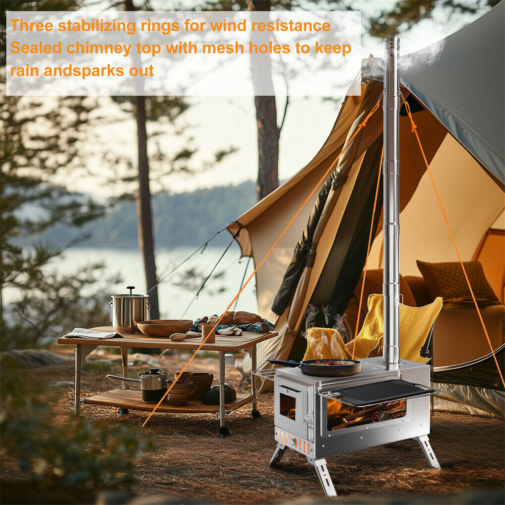 Camping scene with a stove, table, and tent by a lake.