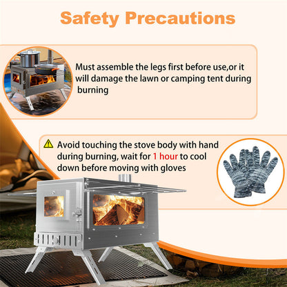 Wood stove with safety precautions instructions on a beige background