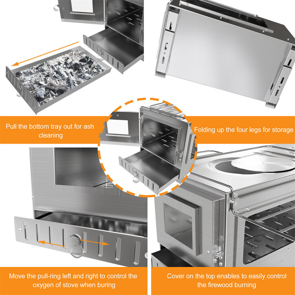 Collage of a stainless steel stove with features highlighted on a white background