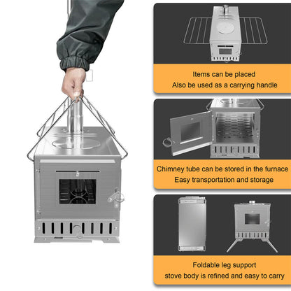Portable stove with features highlighted on a gray background