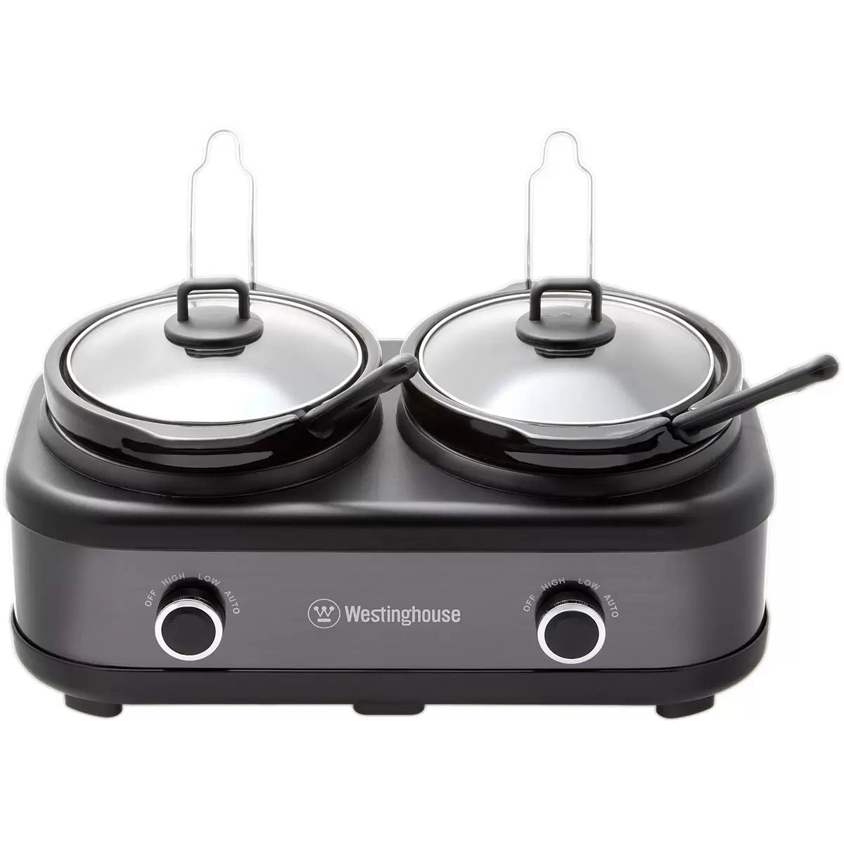 Black Westinghouse double hot plate with two pots on a white background