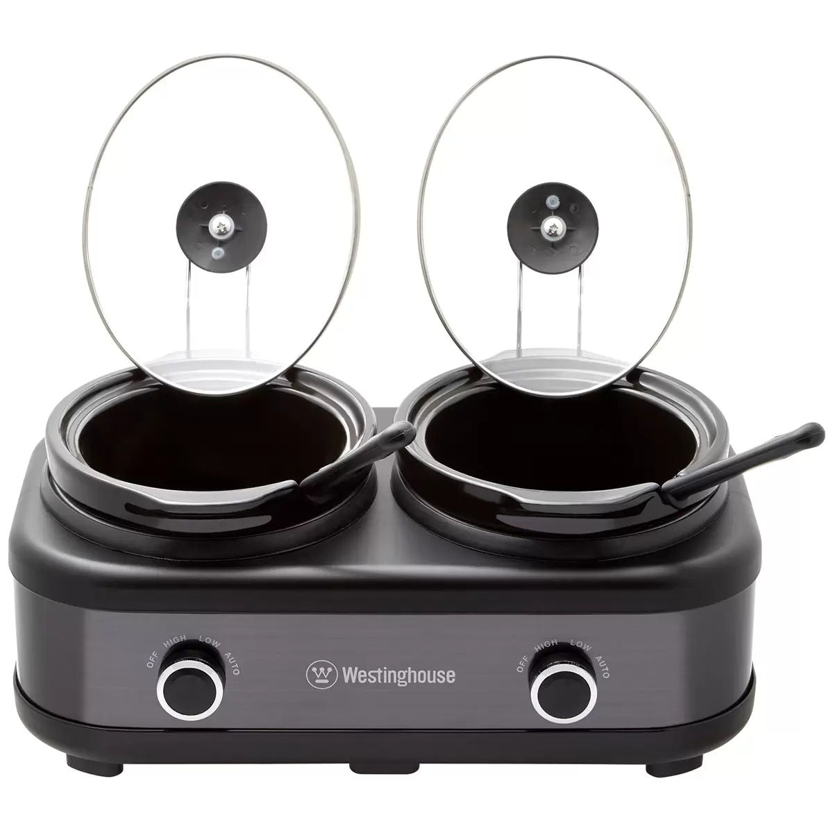Westinghouse double hot plate with two pots and lids on a white background