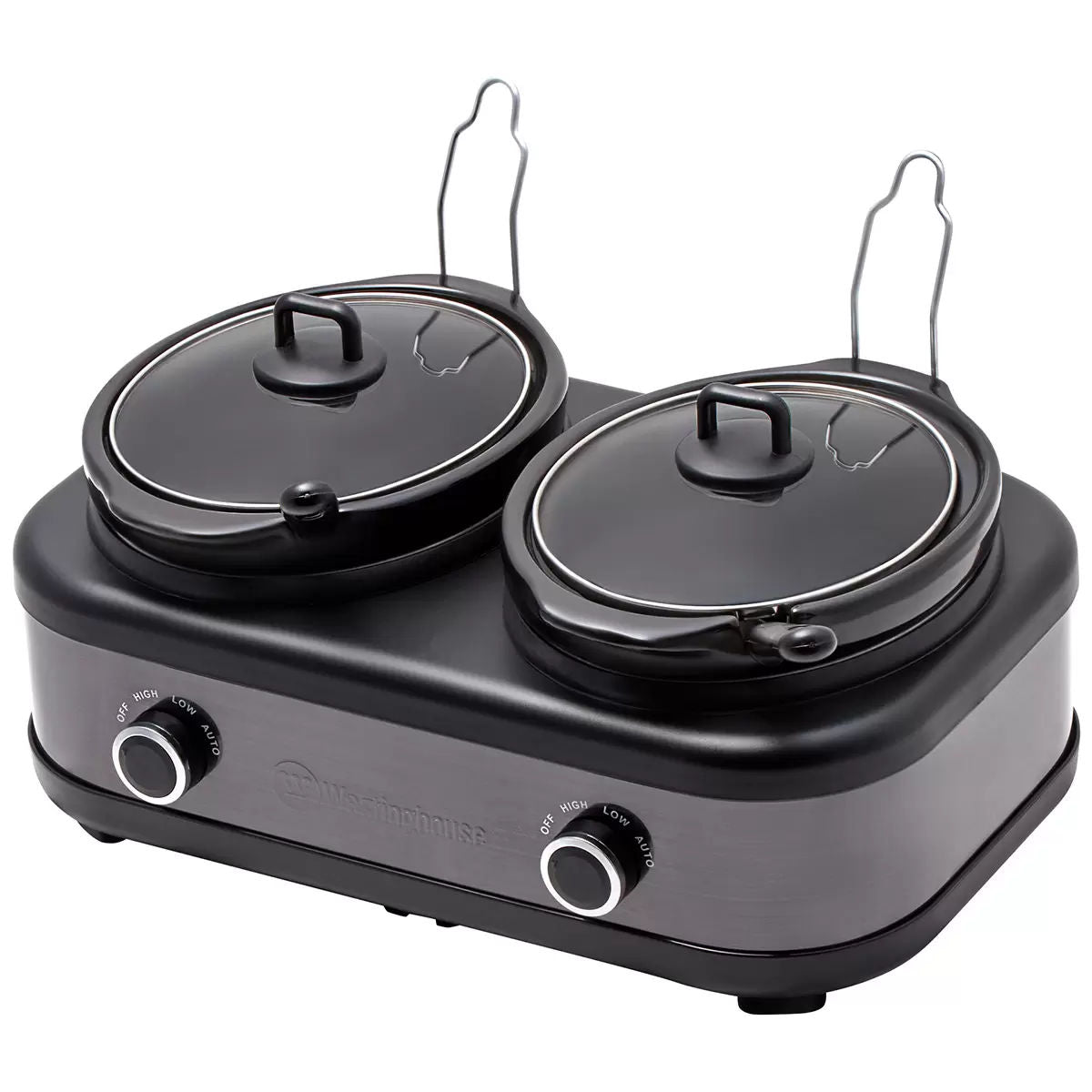 Black double hot plate with two pots on a white background