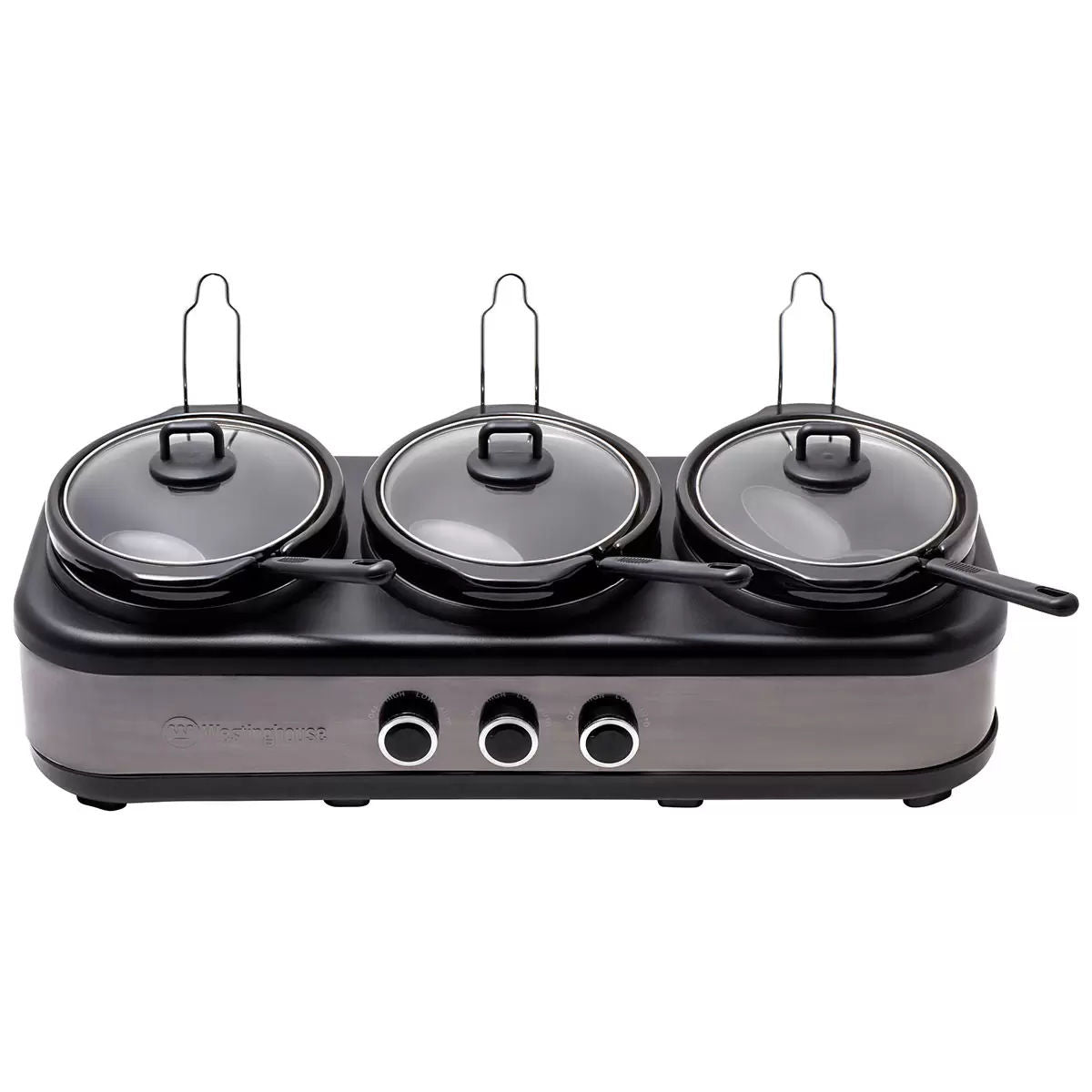 Three-section hot pot with glass lids on a white background