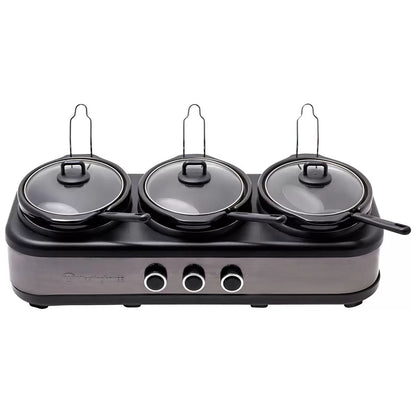Three-section hot pot with glass lids on a white background