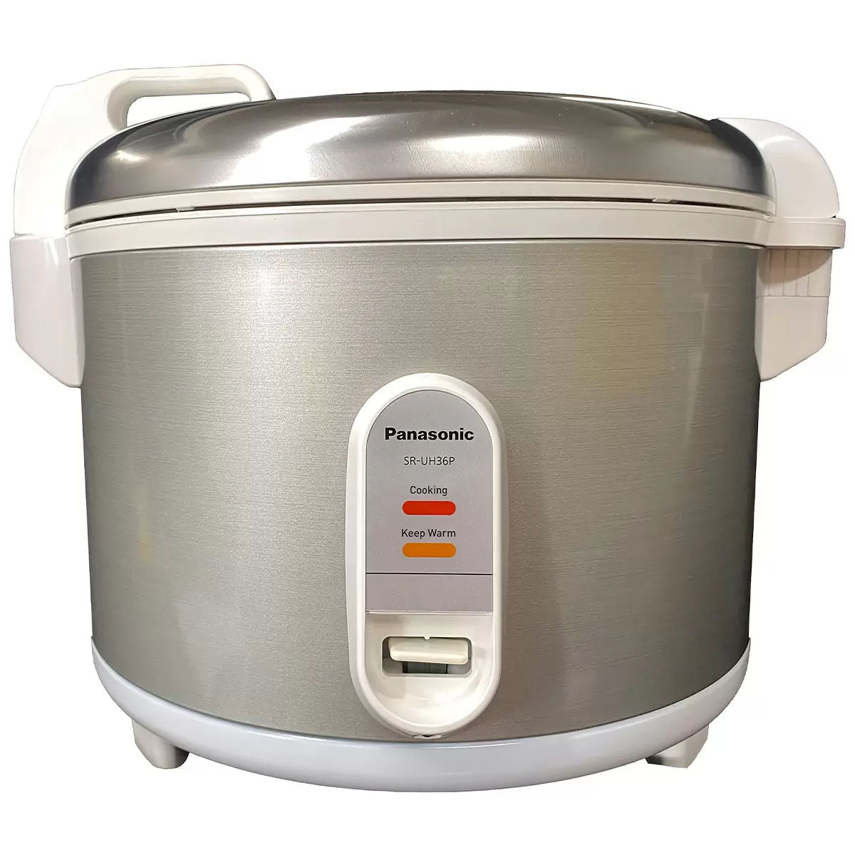 Panasonic rice cooker with silver body and white base on a white background