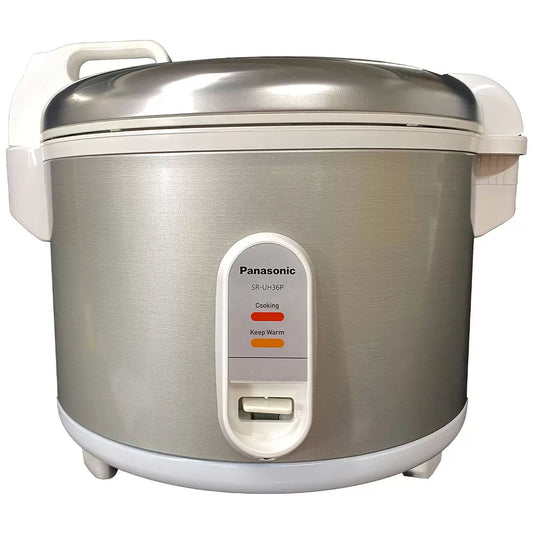 Panasonic rice cooker with silver body and white base on a white background