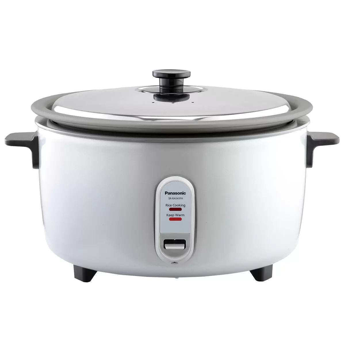 White rice cooker with a silver lid on a white background