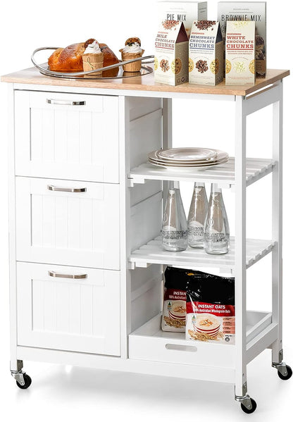 White kitchen cart with wooden top, drawers, and shelves, displaying baking items.