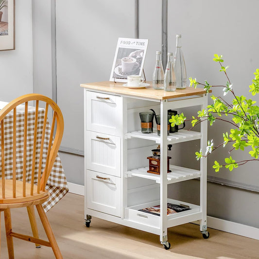 White kitchen island cart with wooden top in a kitchen setting