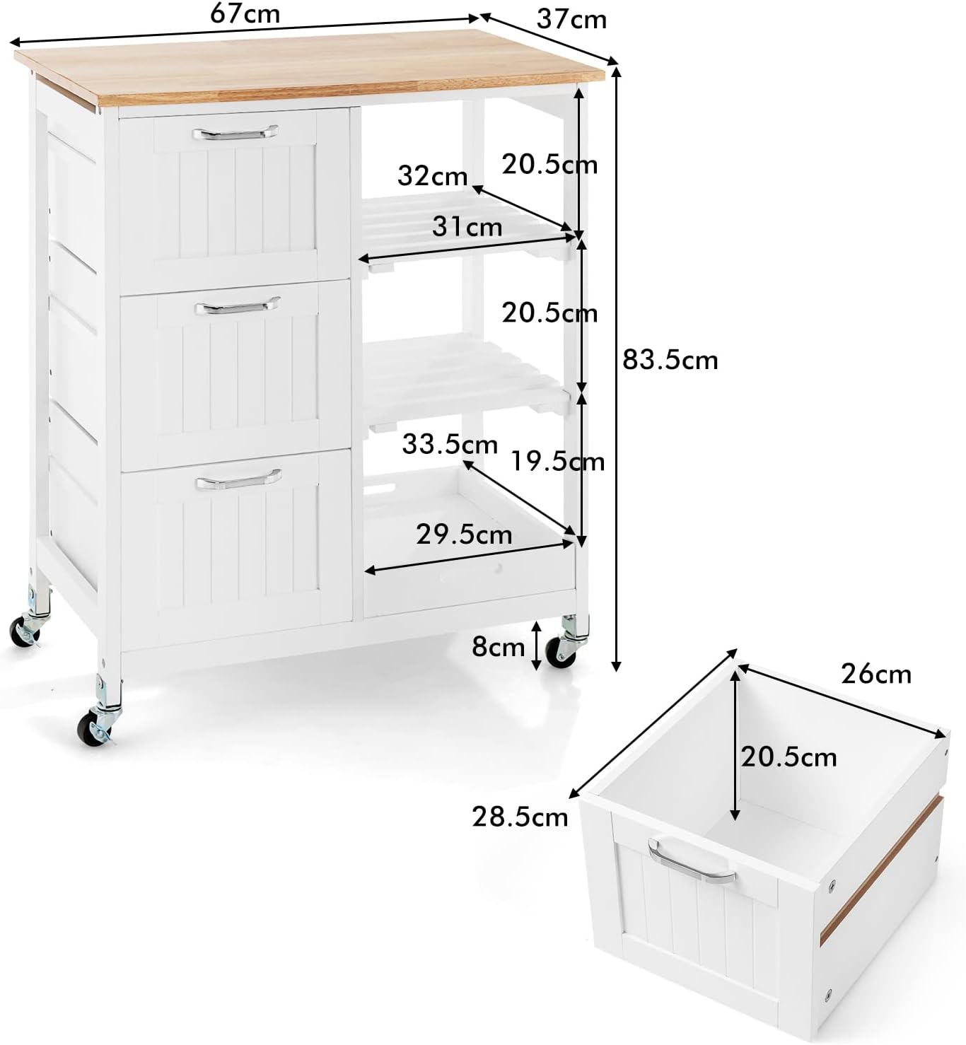 White kitchen island cart with dimensions labeled on a white background