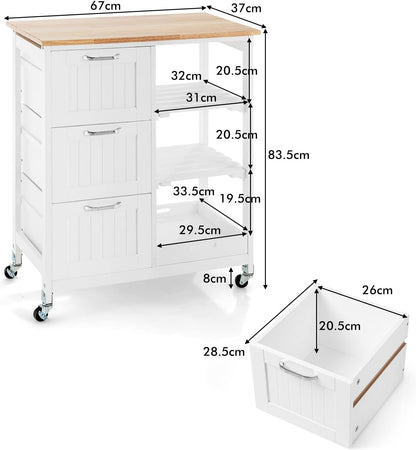 White kitchen island cart with dimensions labeled on a white background