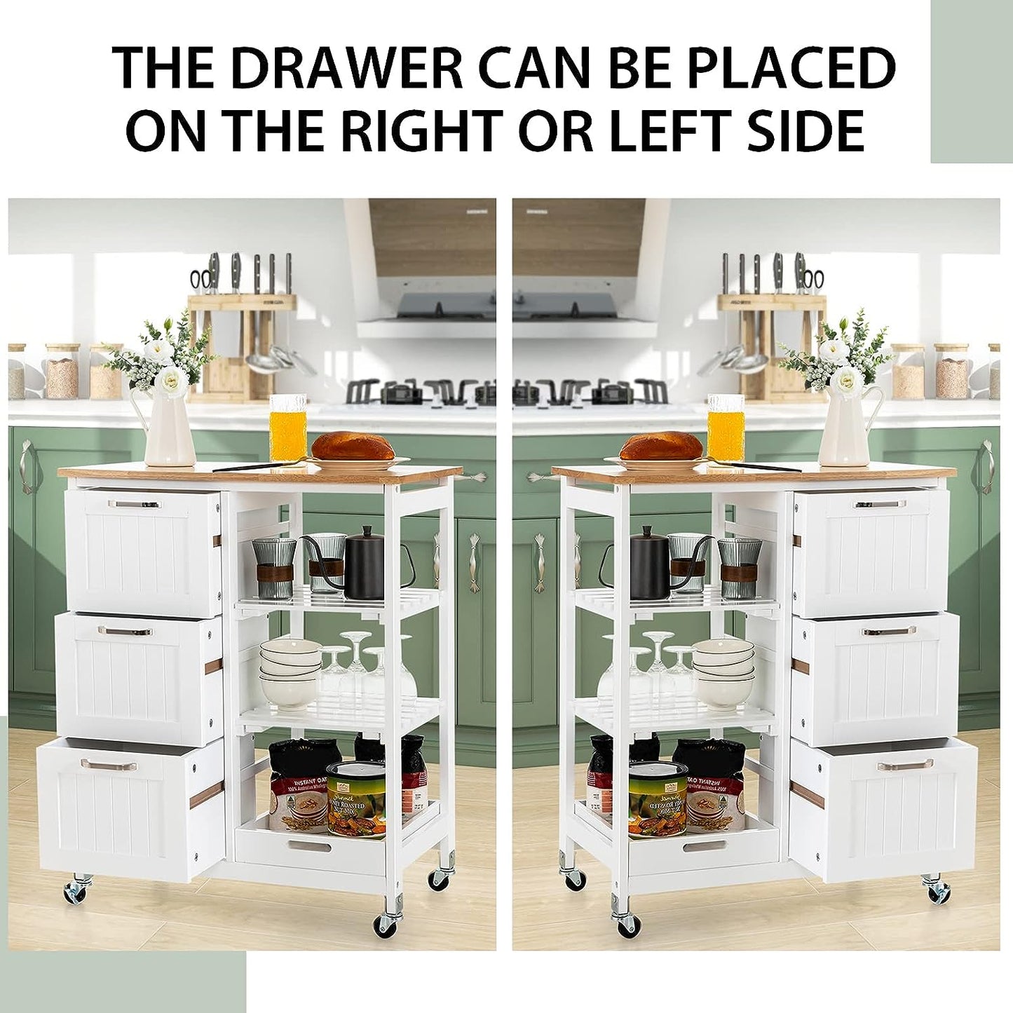White kitchen cart with drawers on wheels in a kitchen setting.