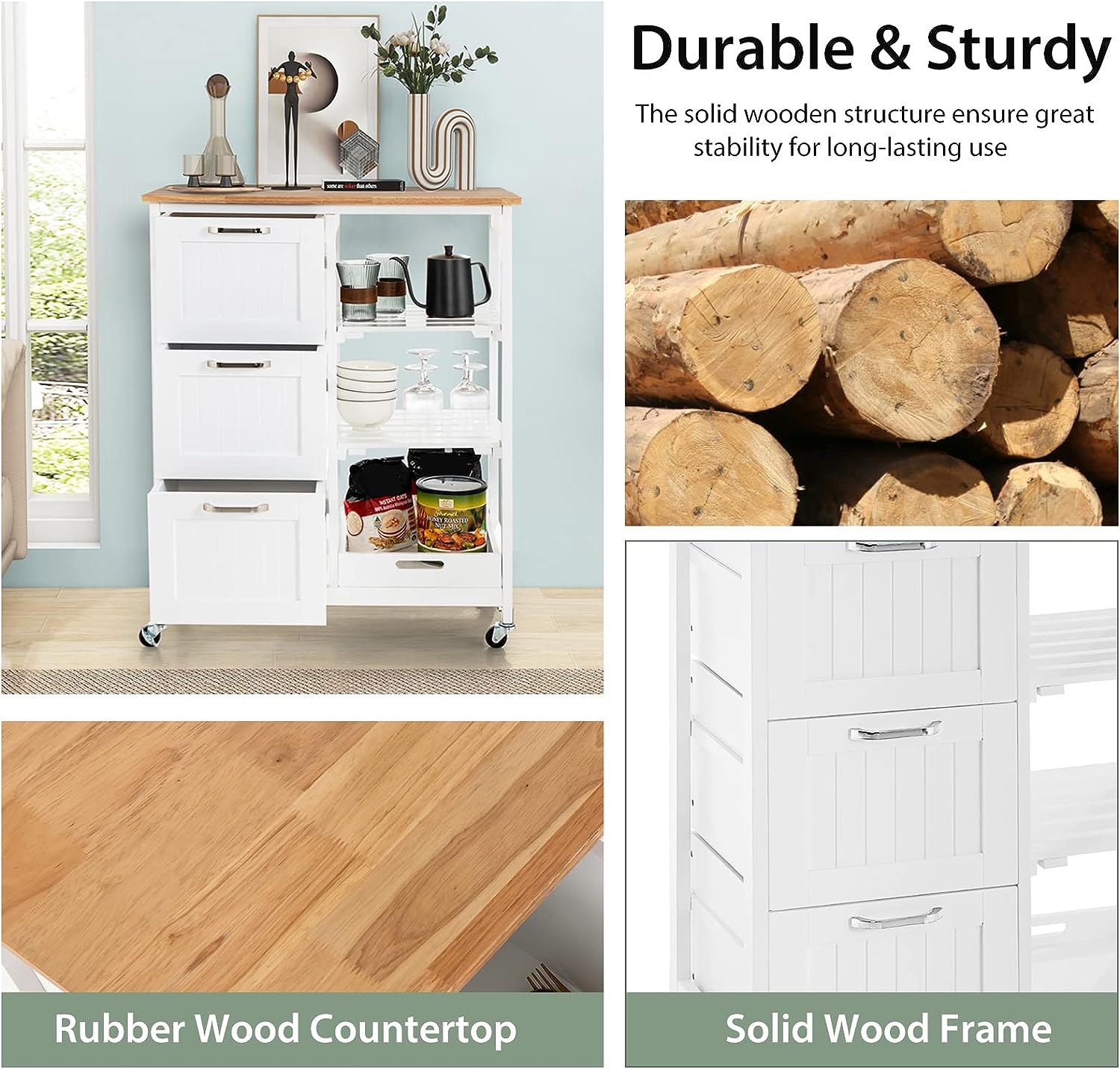 Collage of a kitchen cart, stacked logs, rubber wood countertop, and white cabinet with drawers.