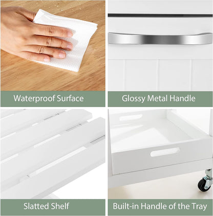 Collage of a hand wiping a surface, a tray with a glossy metal handle, a slatted shelf, and a built-in handle on a tray.