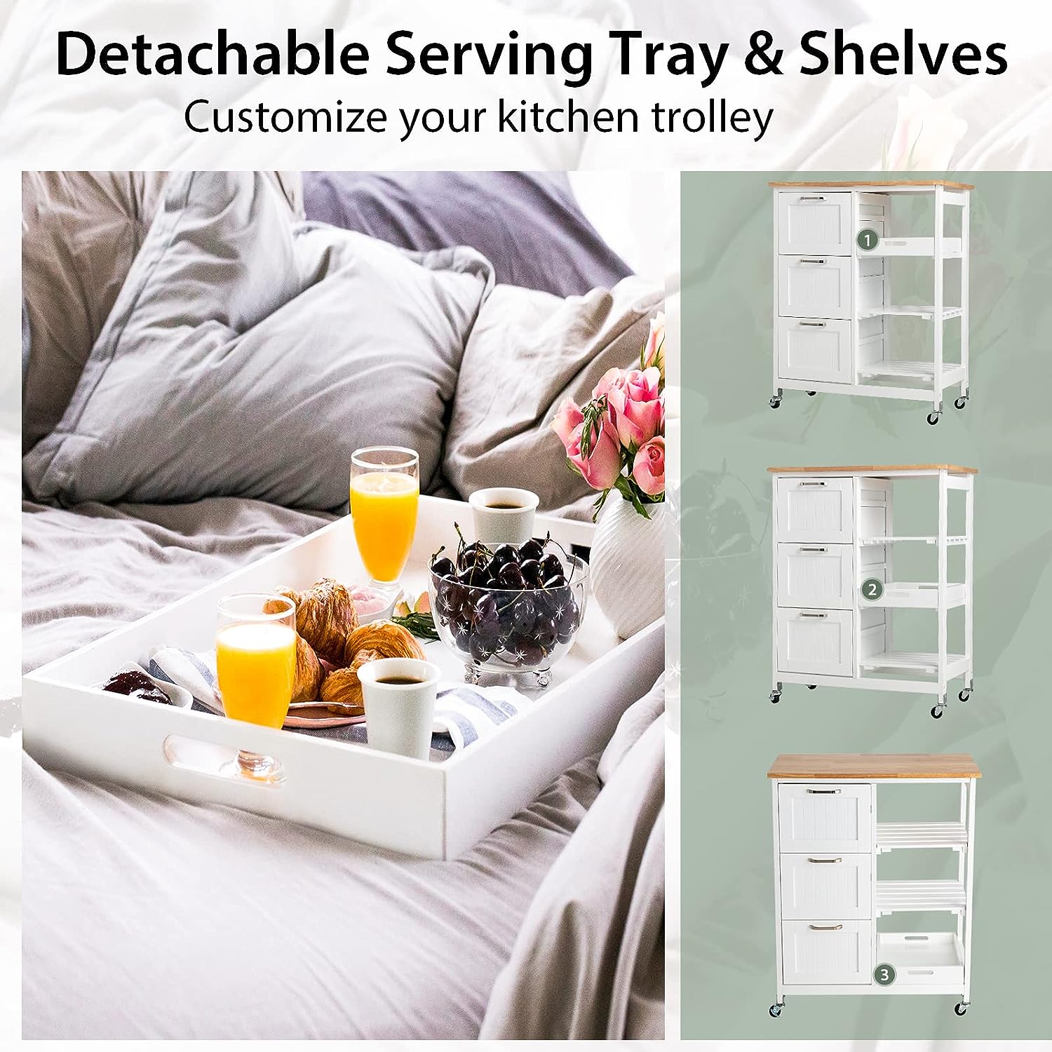 Kitchen trolley with detachable serving tray and shelves, shown in use and on a plain background.