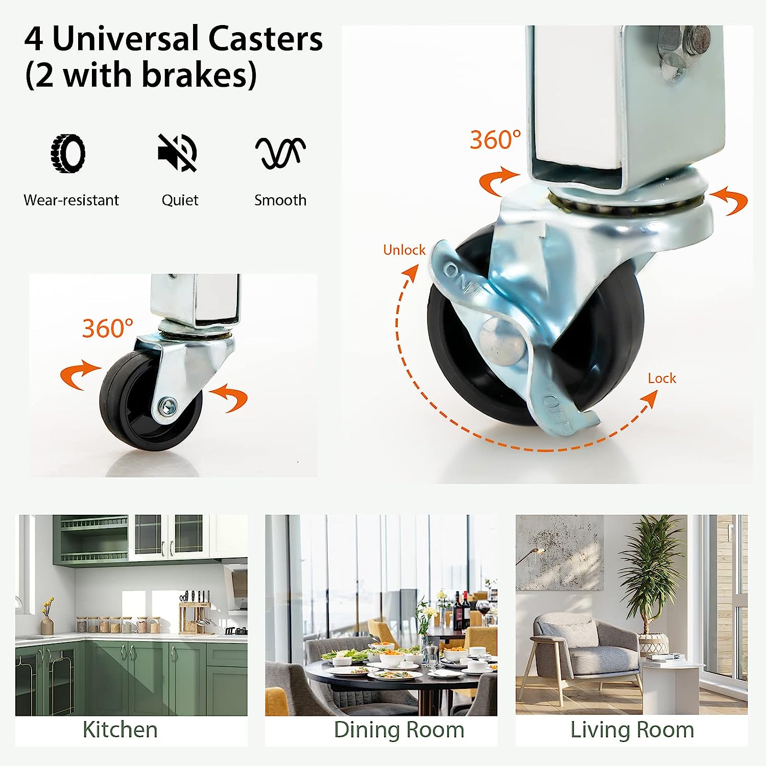 Universal casters with brakes shown in a kitchen, dining room, and living room setting.