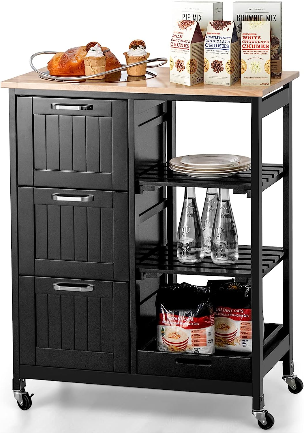 Black kitchen cart with wooden top, drawers, and shelves on a white background
