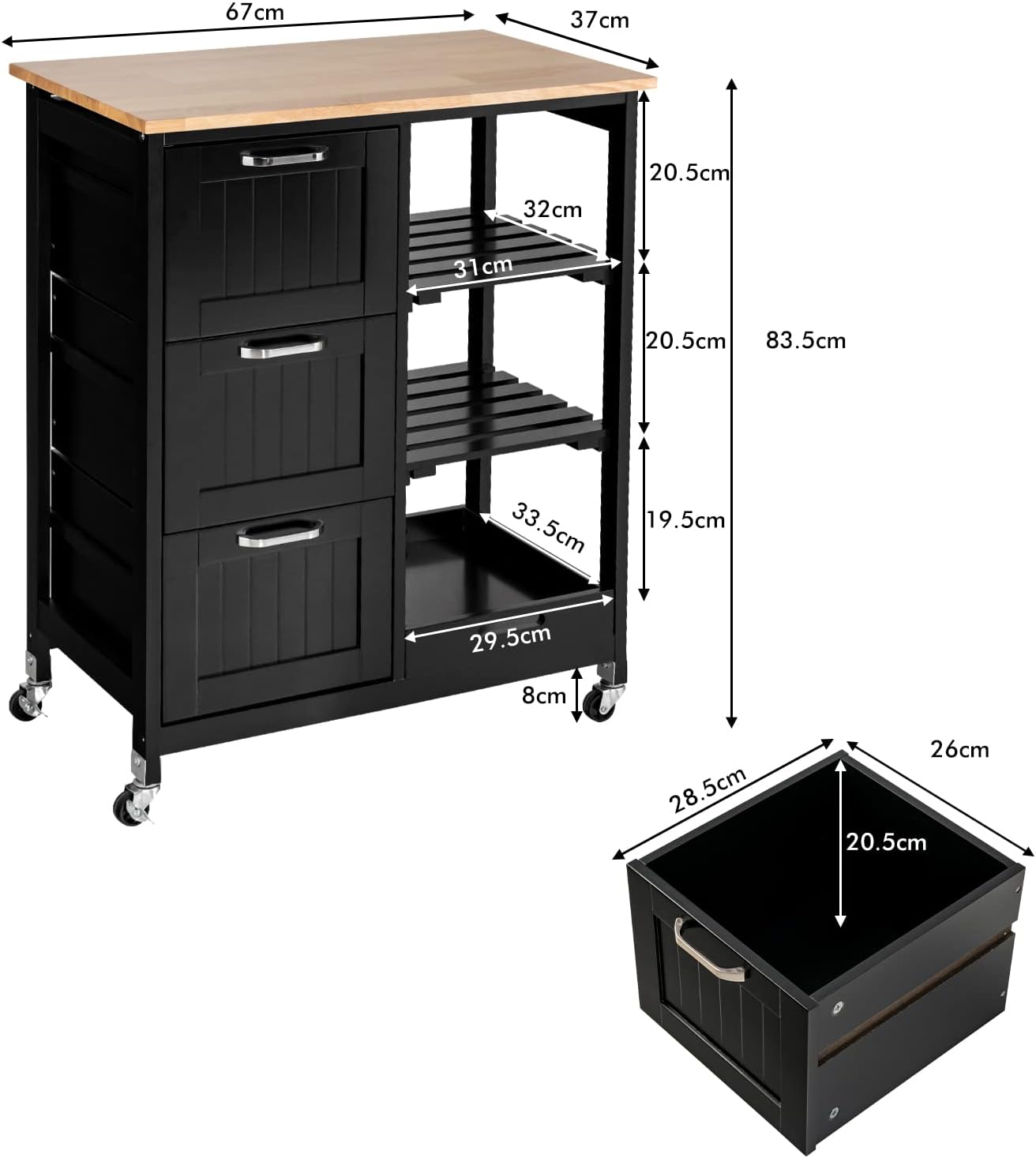 Black kitchen island cart with dimensions on a white background