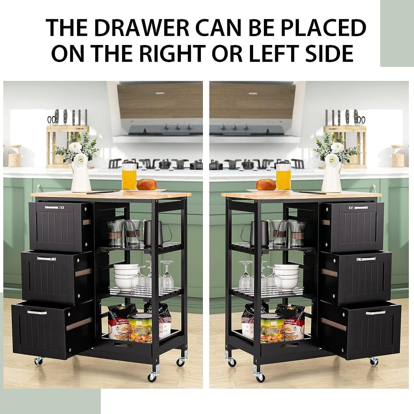 Black kitchen cart with drawers on wheels in a kitchen setting.
