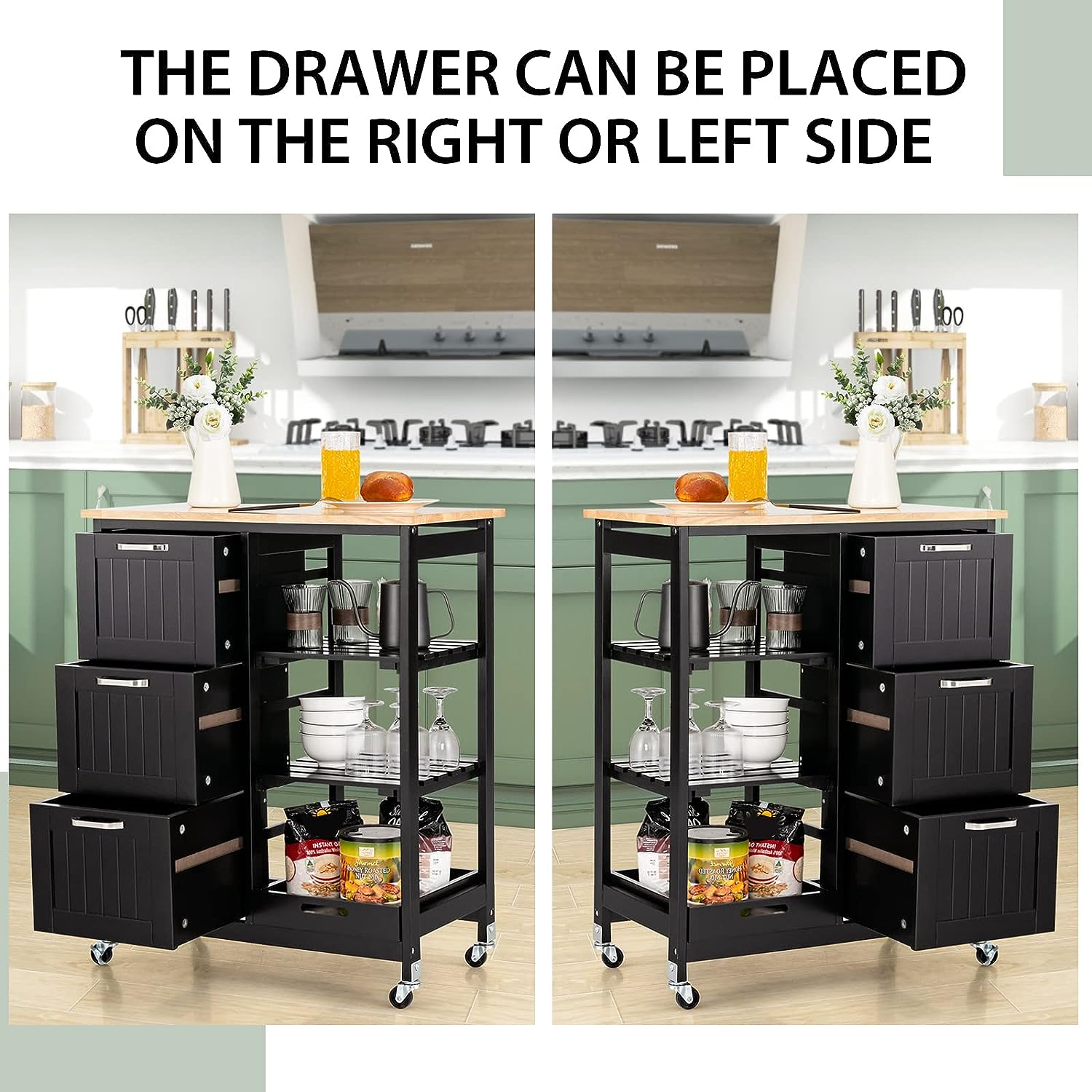 Black kitchen cart with drawers on wheels in a kitchen setting.