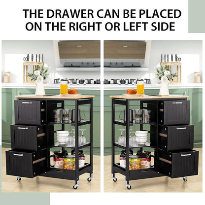 Black kitchen cart with drawers on wheels in a kitchen setting.