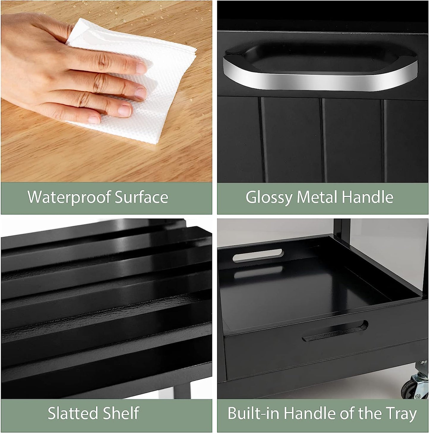 Collage of a black tray with features highlighted, including waterproof surface, glossy metal handle, slatted shelf, and built-in handle.