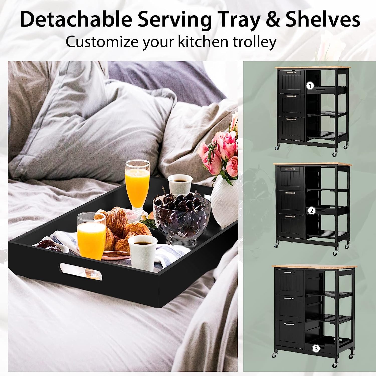 Detachable serving tray and shelves with breakfast setup on a bed and multiple trolley configurations.