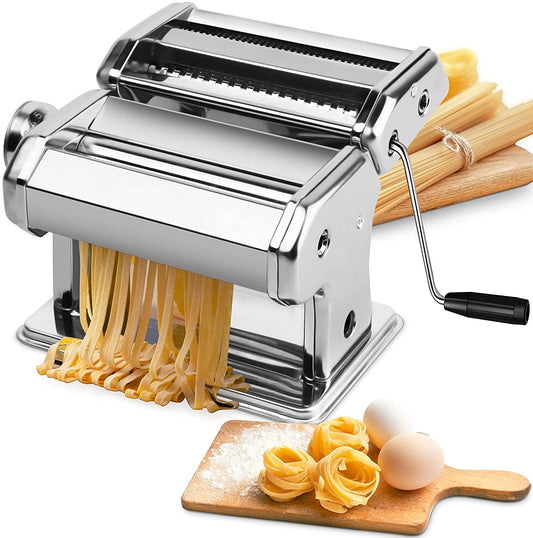 Pasta maker with fresh pasta and pasta shapes on a white background