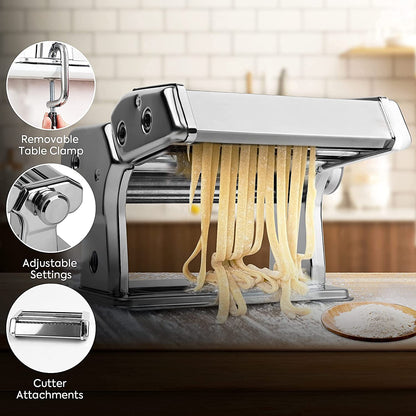 Pasta maker with noodles being made, showing features like a removable table clamp, adjustable settings, and cutter attachments.