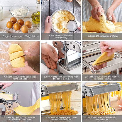 Step-by-step process of making pasta using a pasta machine.