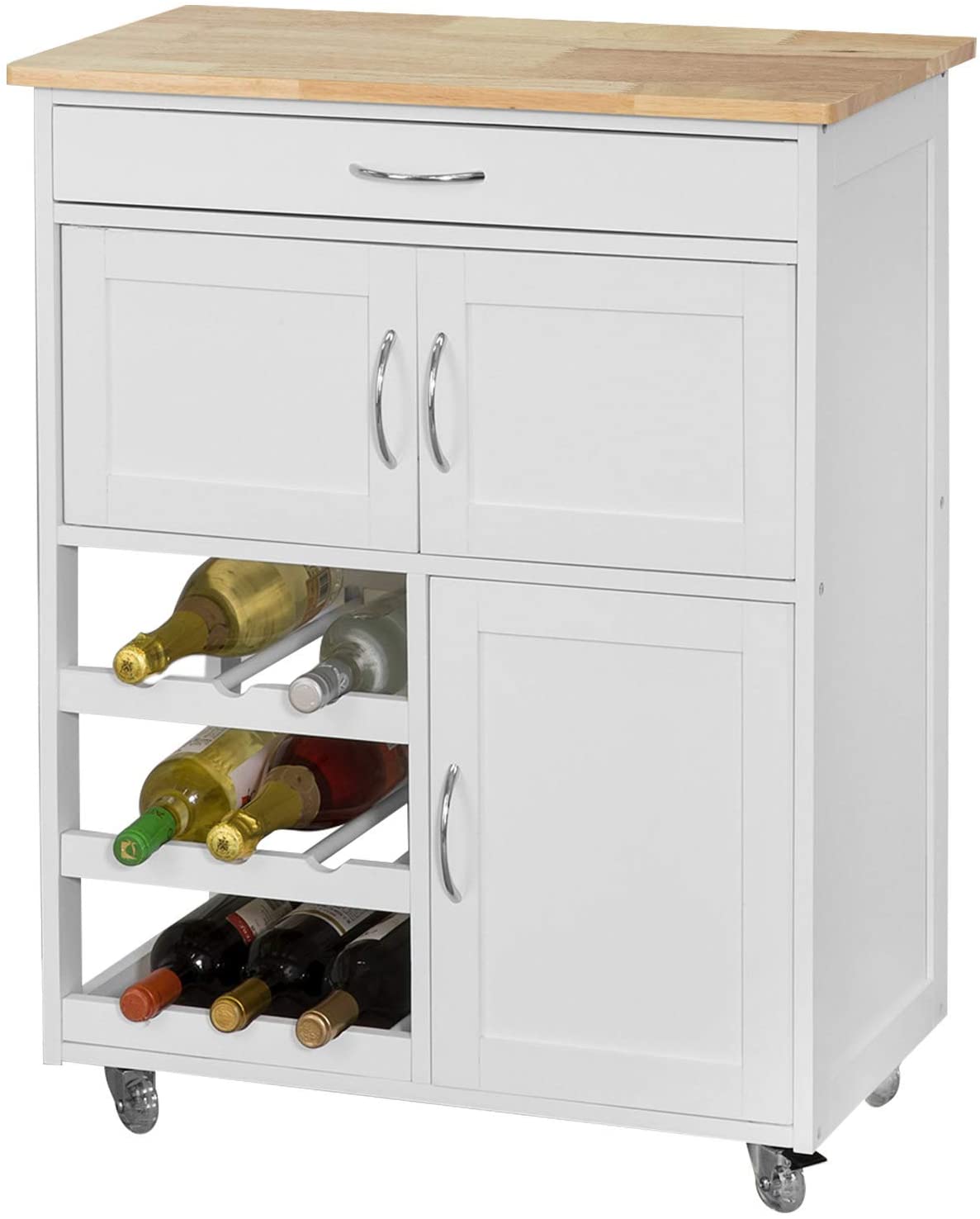 White kitchen island with wooden top, storage shelves, and wine bottles.