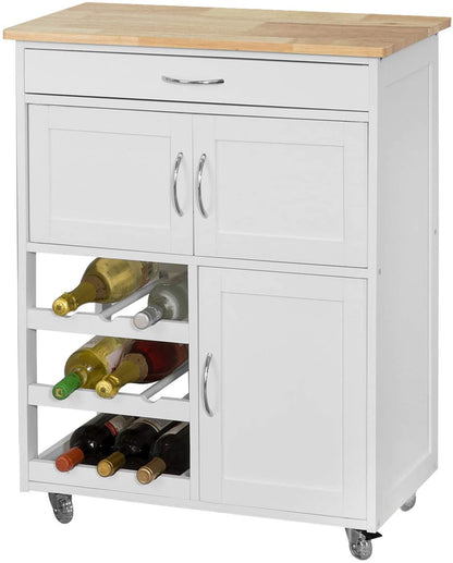 White kitchen island with wooden top, storage shelves, and wine bottles.