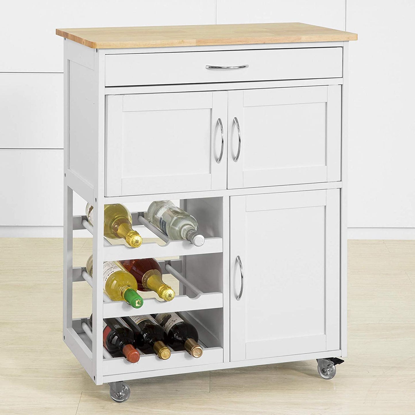 White kitchen cart with wooden top and wine storage on a light wood floor.